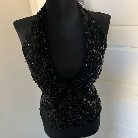 NWT Marciano by Guess black sequinned v neck tie back halter top sz L - Picture 15 of 16
